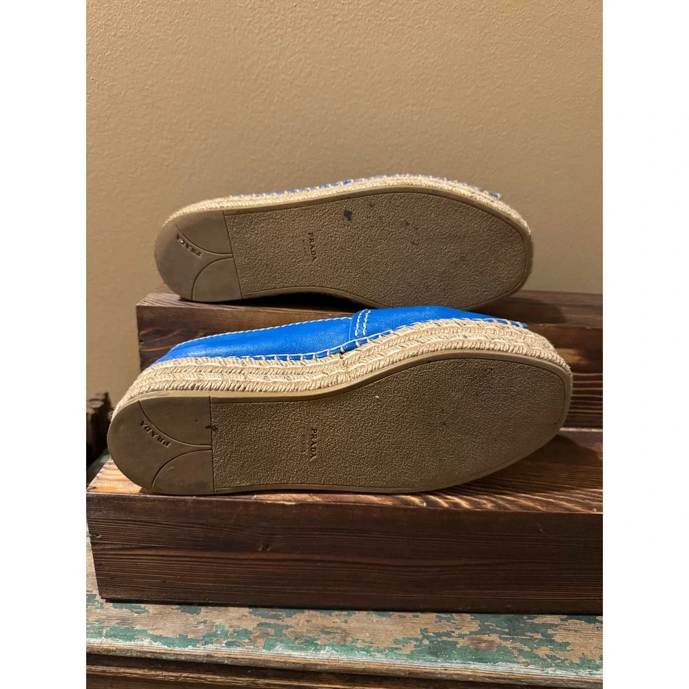 Vintage Prada Blue Leather Espadrille Platform Peep Toe Sandals, size 38